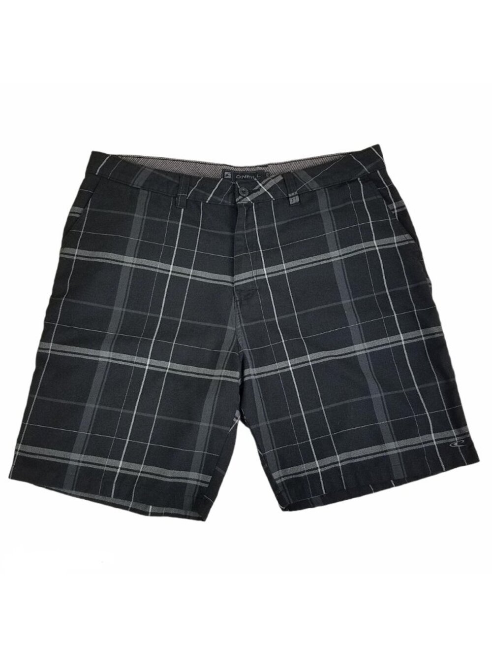 O'Neill Mens Shorts Black Gray Plaid Size 40 Flat Front Casual 9 inch Inseam